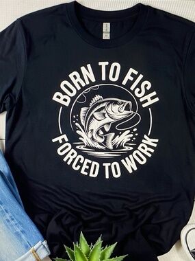 Born to Fish Forced to Work T-shirt Large Unisex Short Sleeve Black Adult Top